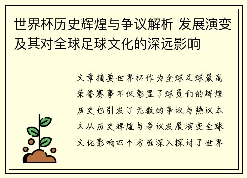 世界杯历史辉煌与争议解析 发展演变及其对全球足球文化的深远影响