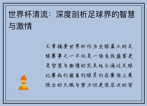 世界杯清流：深度剖析足球界的智慧与激情