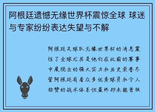 阿根廷遗憾无缘世界杯震惊全球 球迷与专家纷纷表达失望与不解