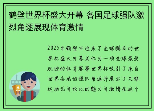 鹤壁世界杯盛大开幕 各国足球强队激烈角逐展现体育激情